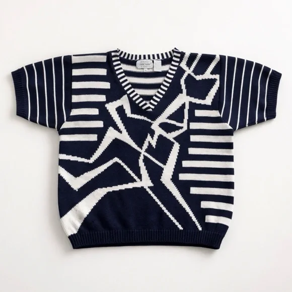 Vintage Jeanne Pierre Navy & White Graphic Knit Top S | Short Sleeve V-Neck - Picture 3 of 8